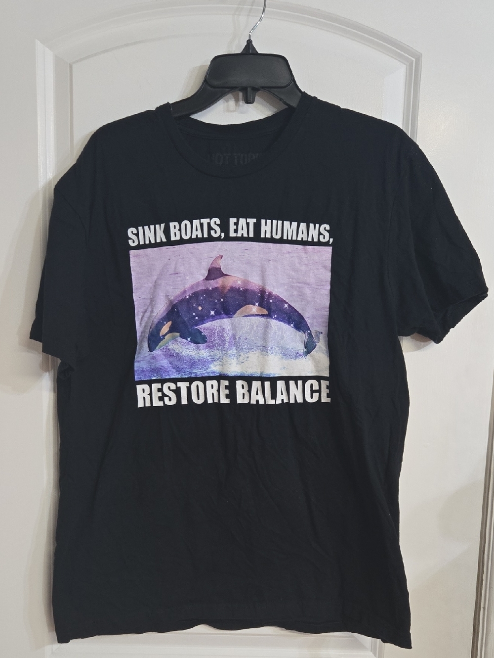 Hot Topic Large Black Graphic Tee with Purple Orca  Print - Restore Balance